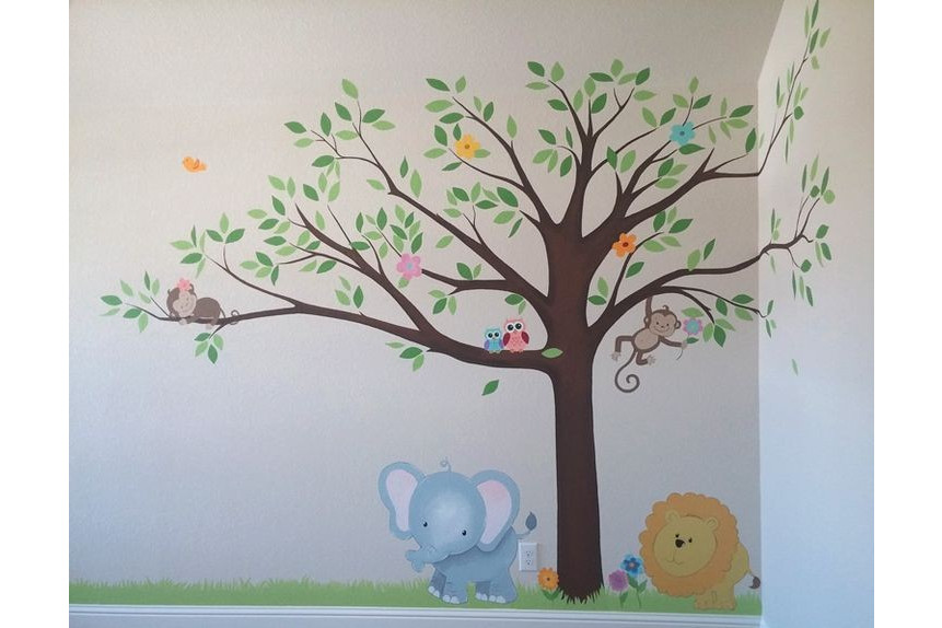 ColourDrive-ColourDrive Tree With Animals 3 House Wall Free Hand Art Design Painting  for Kids Room,Kids Play School,Kids Play Area